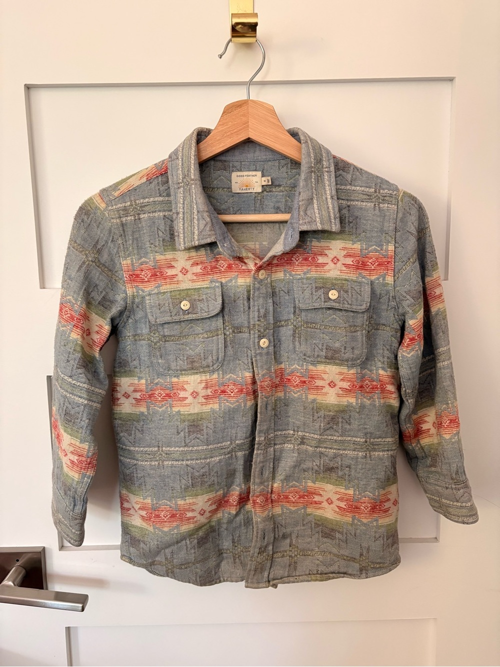 Faherty boys Blue/Gray Button-Down Shirt with Red & Cream Pattern